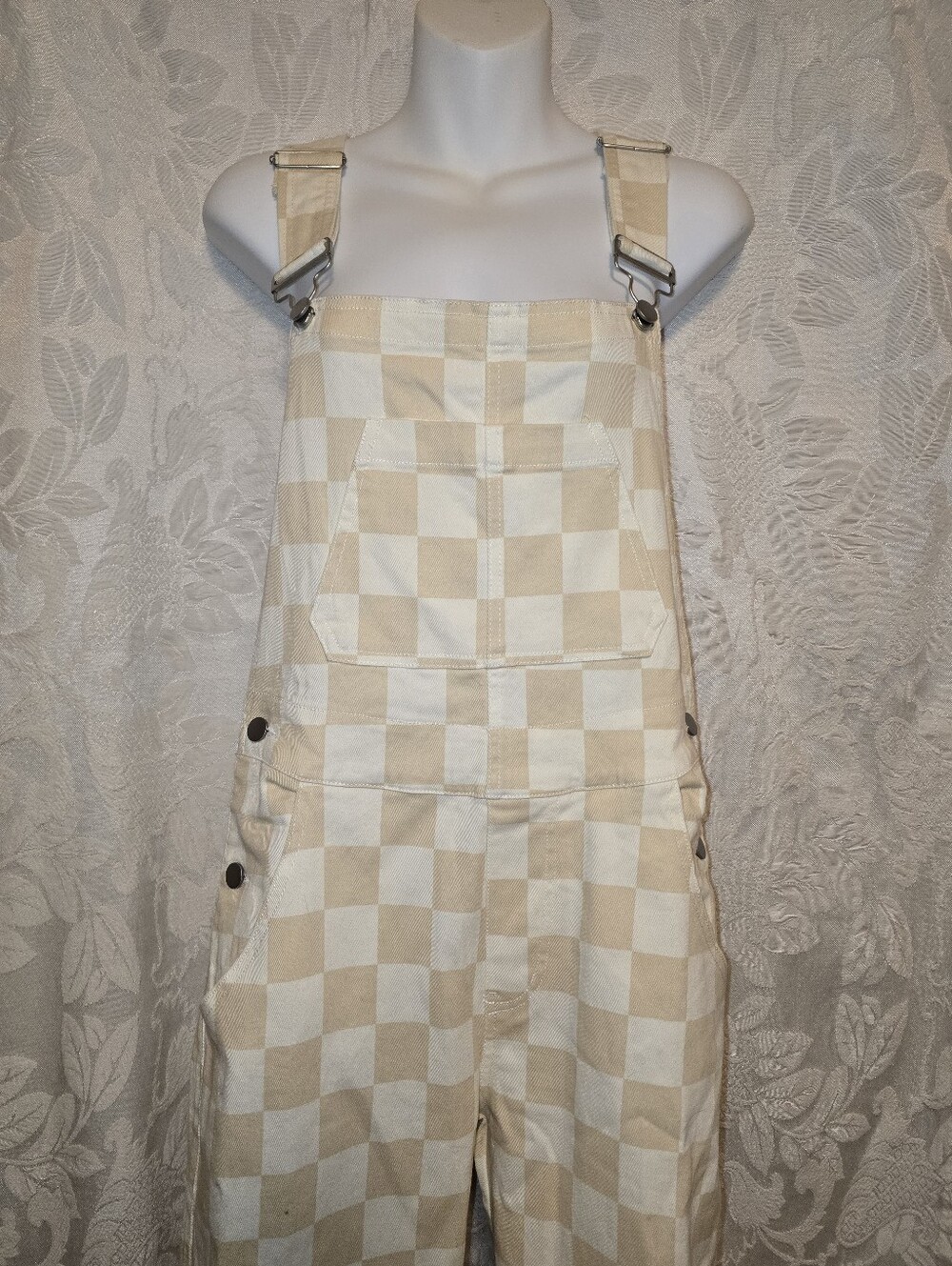 Beige and Cream Checkered Women's Overalls Medium